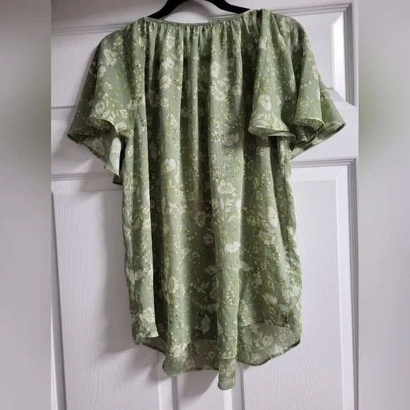 Chaps - Womens Floral Green Gauzy Peasant Blouse - Size L - Picture 5 of 9